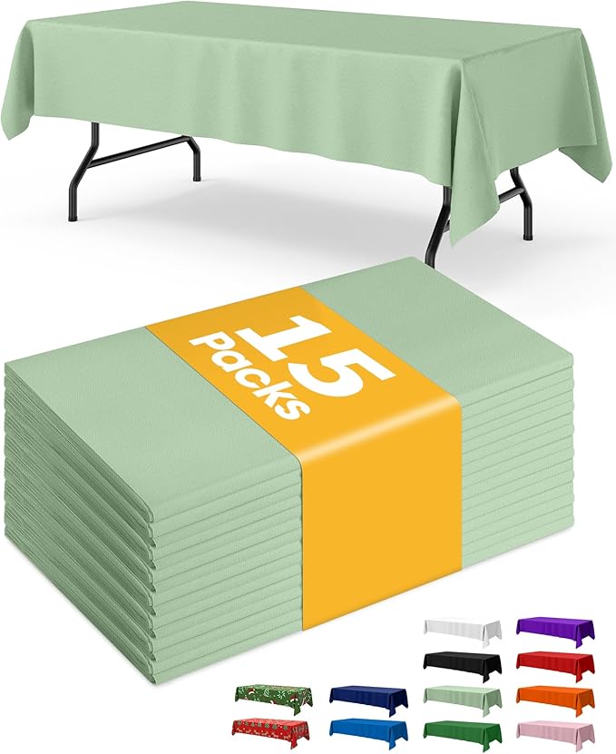 Sage Green Plastic Table Cloth Rectangle Table 15 Pack, 54''×108'' Tablecloth for 6ft Tables, Table Cloth for Disposable Use, Table Cover for Holiday Party, Gathering