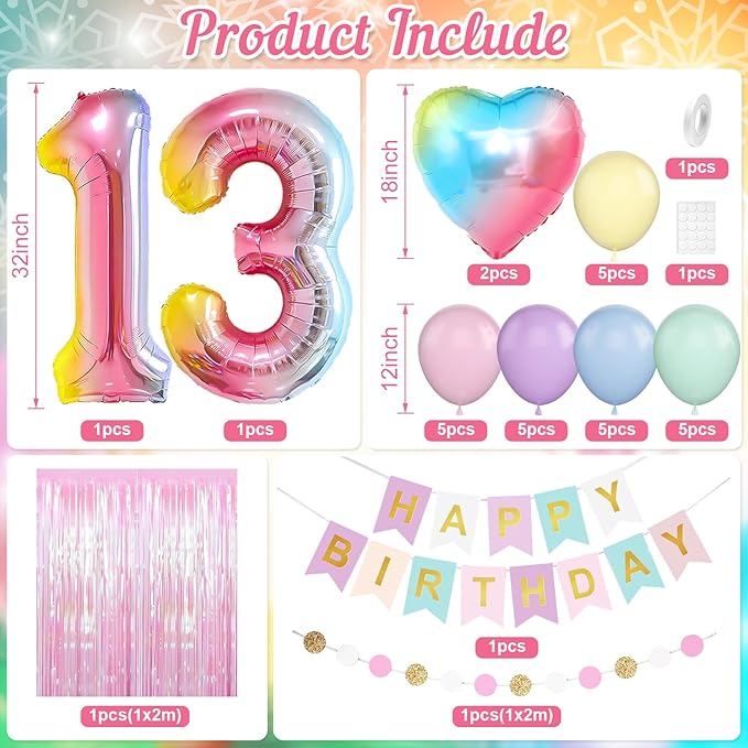 13th Birthday Decorations Rainbow,Gradient Number 13 Balloon,Pastel Happy Birthday Banner Fringe Curtain Heart Foil Balloons Boys Girls 13 Year Old Decor