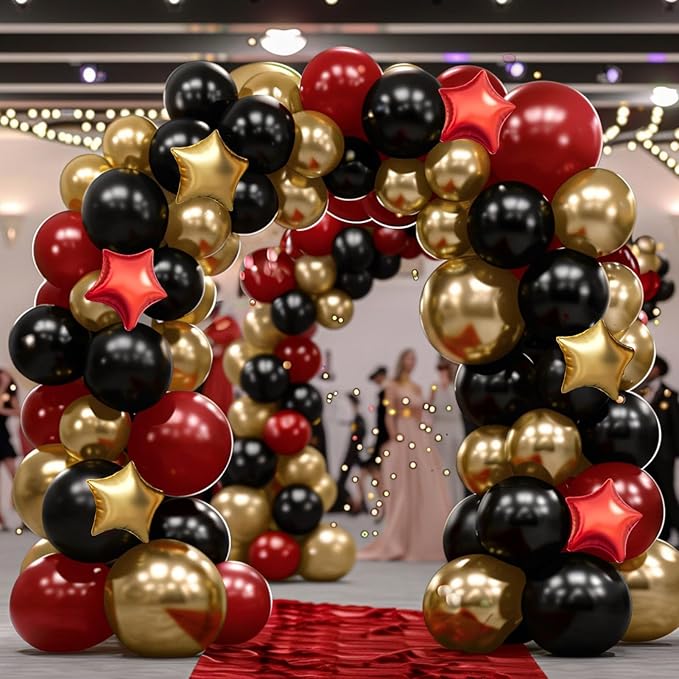 Red Gold Black Balloon Garland Arch Kit, 160Pcs Black Red Gold Latex Balloons with Star Foil Balloons for Anniversary Casino Night New Years Hollywood Movie Night Birthday Party Decorations
