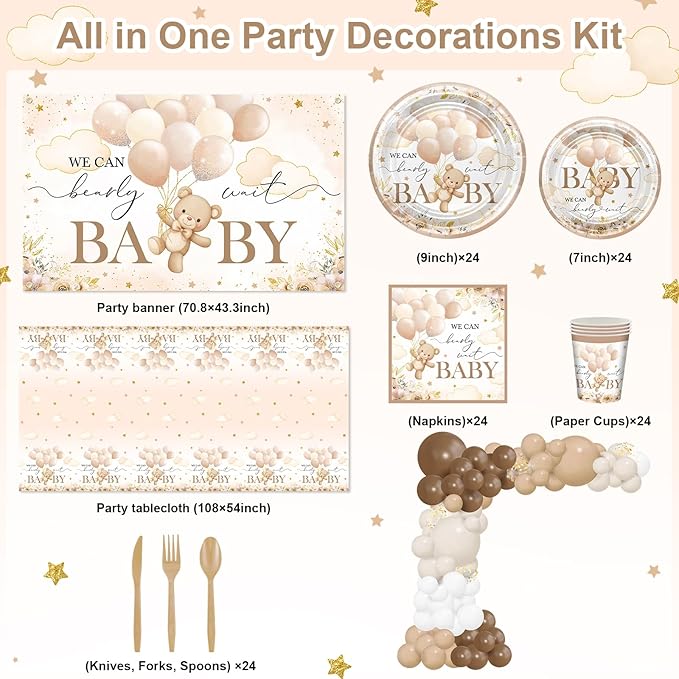 270 Pcs We Can Bearly Wait Baby Shower Decorations: Bear Baby Shower Banner Balloons Disposable Bear Themed Plates and Napkins Cups Tablecloth, Serve 24