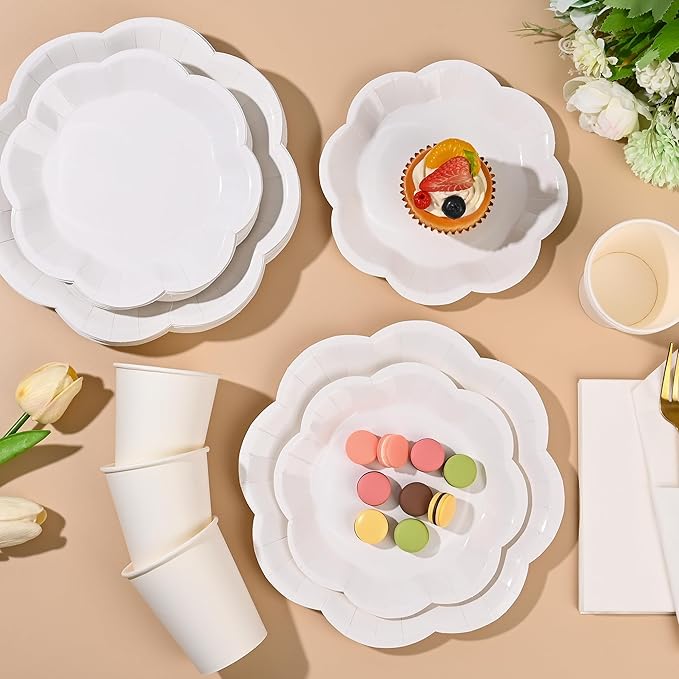 250 Pcs White Paper Plates and Napkins Tableware Set, White Party Supplies for 50 Guests Include Scalloped Paper Plate Napkins Cups for Baby Shower Wedding Bridal Shower Birthday