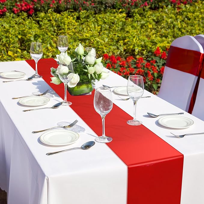 12Pack 12x108 Inch Satin Table Runner and 54x108 Inch Plastic Tablecloths Set Red and White Disposable Rectangle Table Cover for Graduation Wedding Bridal Shower Anniversary Birthday Party Decorations