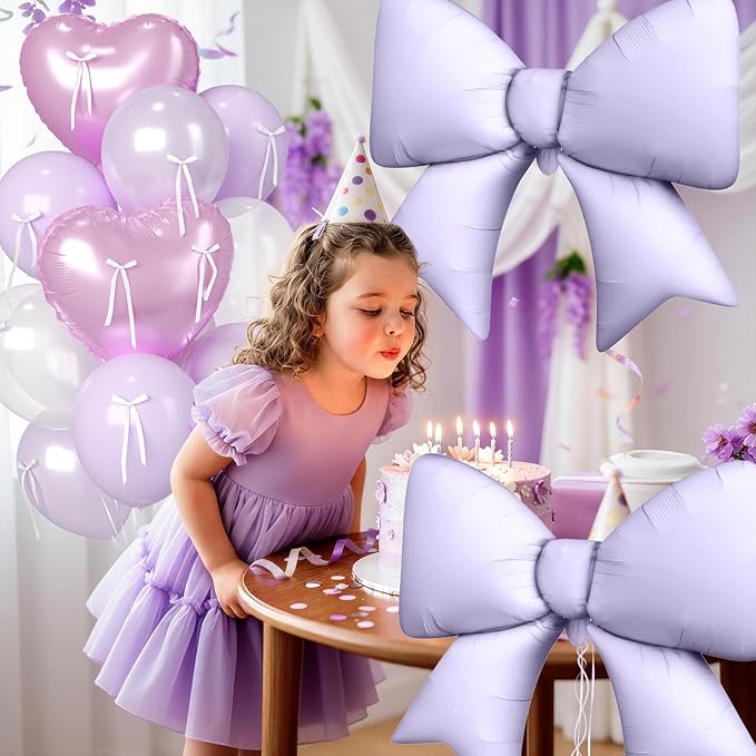 18Inch Purple Heart Balloon, 38 Inch Bow Balloons, Pearl Purple Light White Balloon and Bow Heart Shaped Foil Balloons for Lavender Birthday Wedding Bridal Baby Shower Valentines Day Decorations