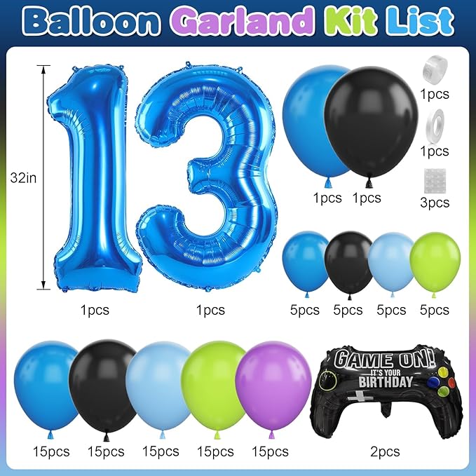 13th Video Game Balloons Arch, 13th Game Party Balloons Garland Kit 13th Birthday Supplies with Blue Number 13 Foil Balloons for 13 Year Old Teens Boys Decor