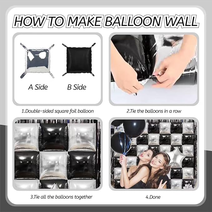 50PCS Silver Black Square Foil Balloon Wall, Double Sided Metallic Silver Black Garland Kit, Reusable DIY Mylar Balloon Arch for Anniversary Bachelorette Birthday Engagement Party Background Decor ﻿