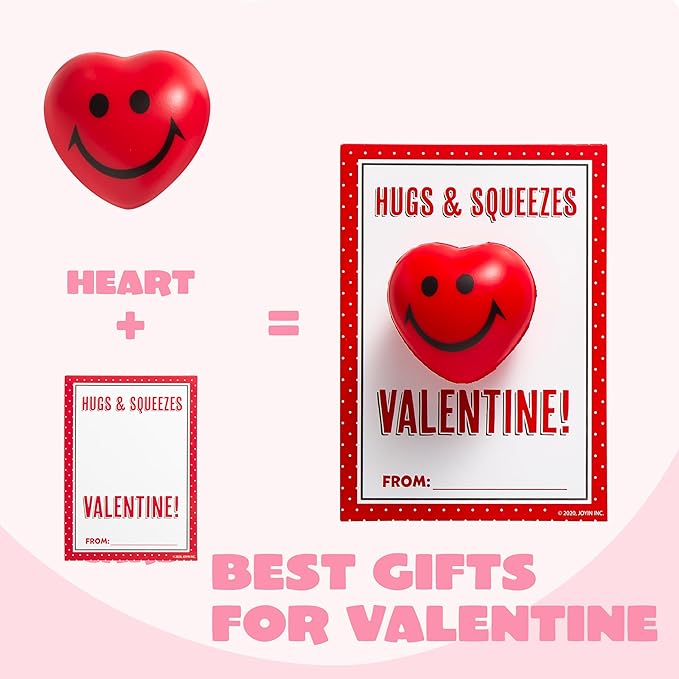 JOYIN 28 Packs Heart Shape Stress Ball with Cards Stress Relief Fidget Toy for Valentine Party Favors, Classroom Prize Supplies, Valentine’s Greeting Cards, Valentine Exchange Gifts