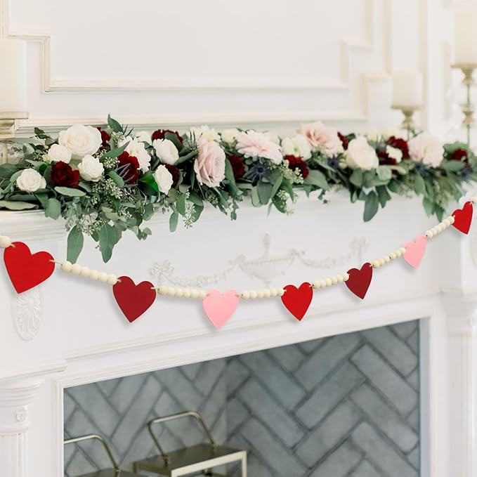 DAZONGE Valentines Day Decorations, Wood Bead Garland with Felt Hearts for Valentine Decor, Red and Pink Farmhouse Valentine’s Day Banner for Wedding, Anniversary Decorations