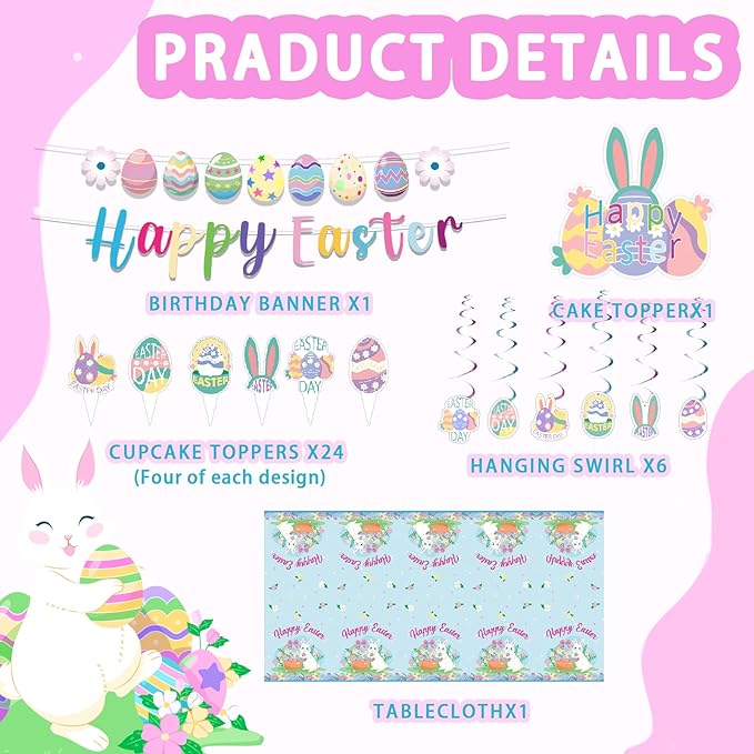 Easter Party Decorations 33PCS Kit – Bunny & Egg Banner, Cake & Cupcake Toppers, Hanging Swirls & Tablecloth for Family Spring Party