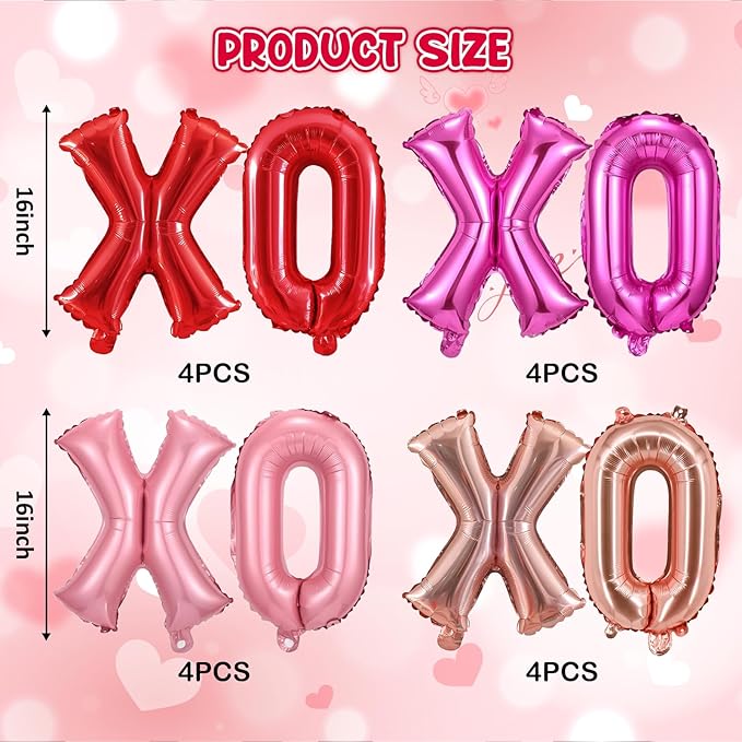 16 Pcs XO Valentines Balloons, 16 Inch Red Pink XOXO Letters Foil Mylar Balloons Banner Valentine Day Balloon Decorations for Romantic Galentines Day Bridal Shower Engagement Anniversary Party Decor