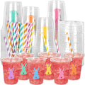 Whaline 60Pcs Easter Bunny Rabbit Disposable Plastic Cups with Lids and Straws 12oz Colorful Bunny Theme Party Cups Spring Beverage Drinking Cup for Anniversary Wedding Birthday Dinner