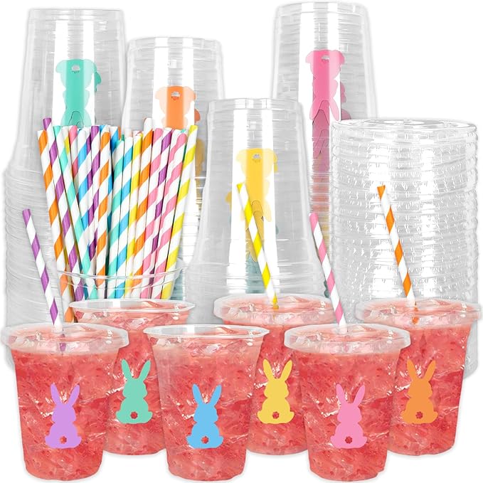 Whaline 60Pcs Easter Bunny Rabbit Disposable Plastic Cups with Lids and Straws 12oz Colorful Bunny Theme Party Cups Spring Beverage Drinking Cup for Anniversary Wedding Birthday Dinner