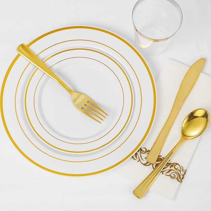 Supernal 400pcs Gold Plastic Plates for 50 Guests Heavy Duty Disposable Party Plates, 200 Gold Plastic Silverware, Linen Napkins, Clear Cups For Valentine's Day Mother's Day and Easter