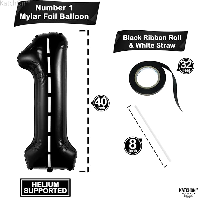 KatchOn, Giant, Checkered 1 Balloon - 40 Inch | Black Number 1 Road Balloon | Fast One Birthday Decorations for Boys | One Happy Dude Balloons, 1 Happy Dude Birthday Decorations | Race Car 1 Balloon