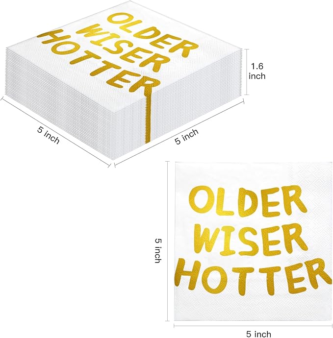 LeZakaa 25Pcs Birthday Paper Napkin, 3-Ply Gold Foil "Older Wiser Hotter" Cocktail Beverage Bar Square Disposable Napkins Guest Paper Hand Towels, Retirement Anniversary, Bachelorette Party, 5 x 5 In