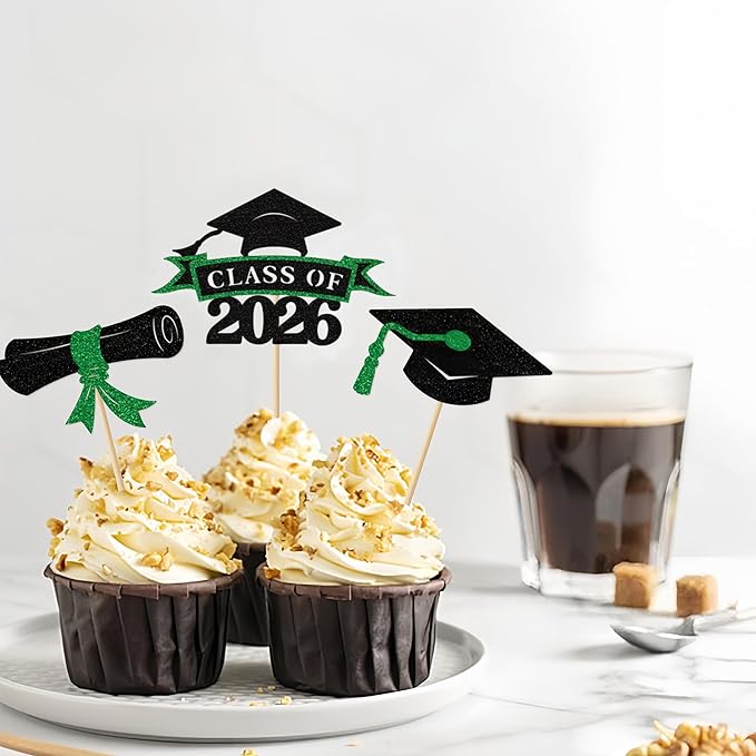 2026 Graduation Cupcake Toppers, 36 pack Green Glitter Class of 2026 Congrats Grad Diploma Grad Cap Cupcake Picks for 2026 Graduation Party decorating Supplies