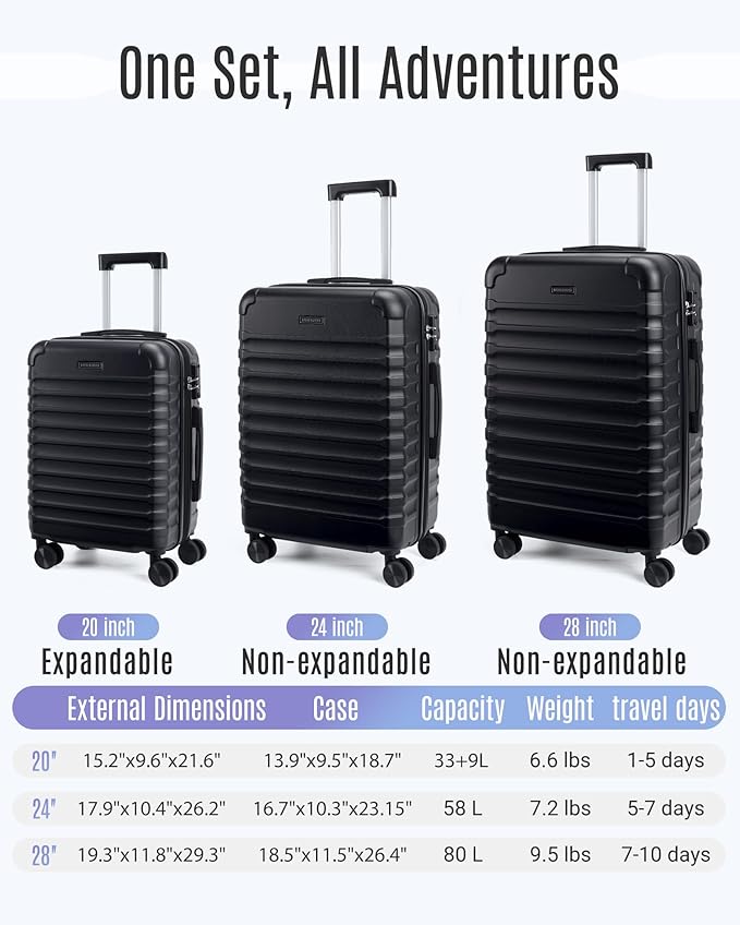 LIGHT FLIGHT Luggage Sets, 3 Piece Durable Suitcase Set with Spinner Wheels, 3 Pcs Hardside Lightweight luggage with TSA Lock, Large Checked Travel Suitcases, 20/24/28 Inch, Black