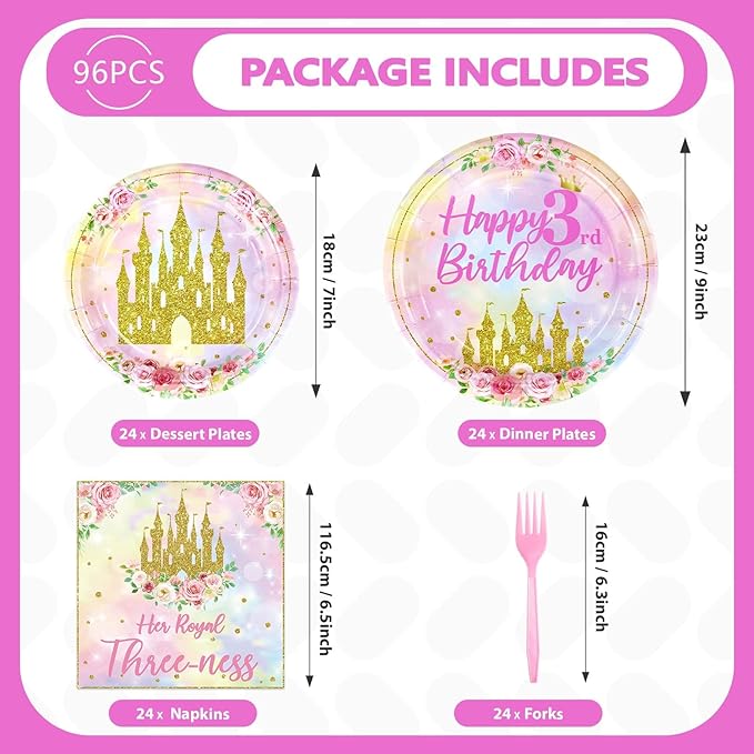 96 Pcs Princess 3rd Birthday Party Supplies Her Royal Threeness Party Plates and Napkins Watercolor Pastel Rainbow Castle Party Decorations for Girls Princess Three Years old Birthday Party Serves 24