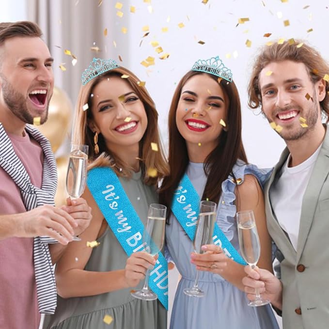 CAVETEE Birthday Crowns for Women - Its My Birthday Sash and Crown Set for Adult Women - Party Decorations and Gifts (Blue)