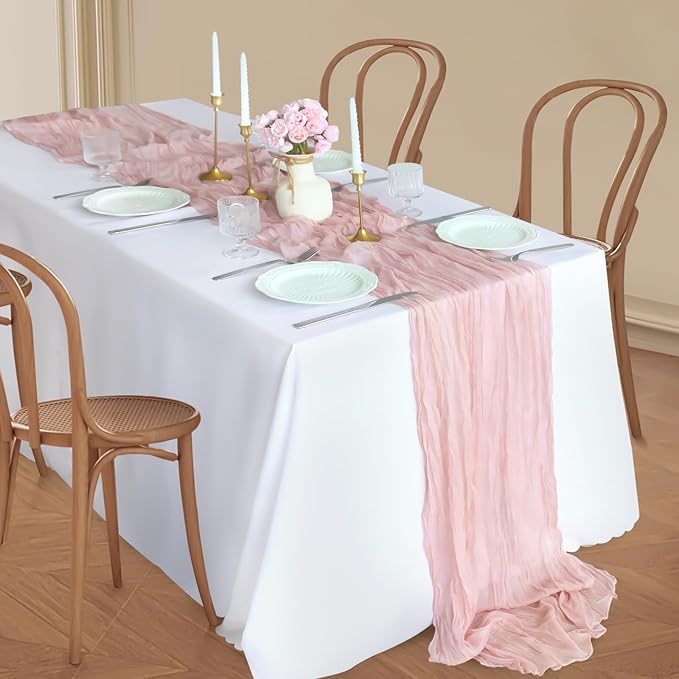 Pink Cheesecloth Table Runner, 10FT Dusty Pink Boho Gauze Table Runner for Spring Easter Mother's Day Baby Shower Bridal Shower Wedding Tea Party Table Centerpiece Decorations