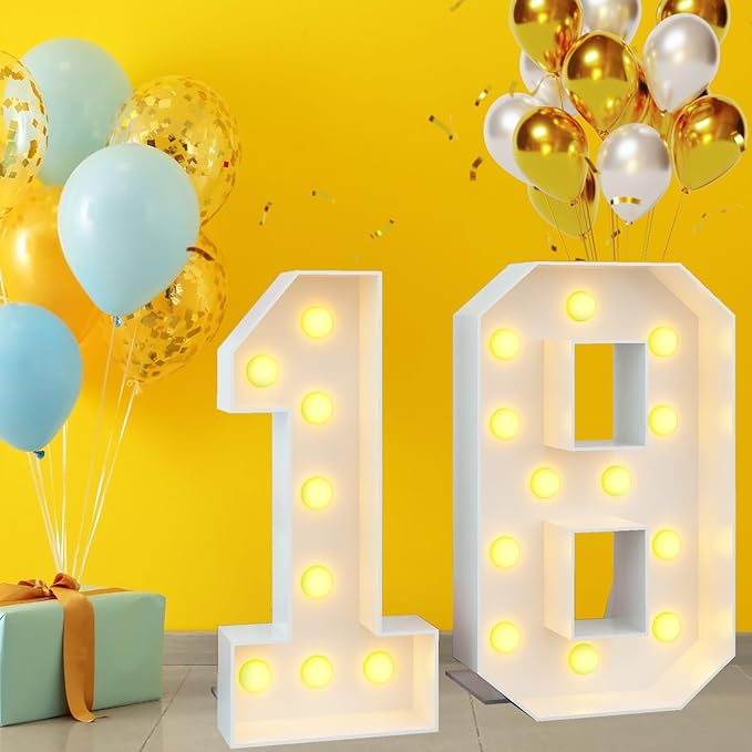 4ft Light Up Numbers 18 Large Numbers with Lights Bulbs White Marquee Frame for 18th Party Boys Girls Birthday Decorations Pre-Cut Mosaic Cardboard Giant Cut-Out Thick Foam Board Sign Anniversary