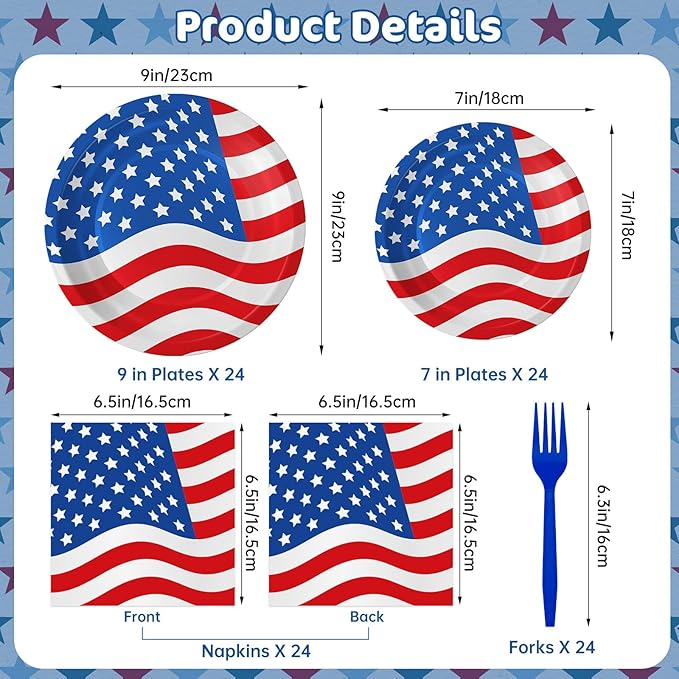 American Flag Patriotic Party Supplies - 4th of July Paper Plates, Napkins and Forks Set, Disposable Dinner Dessert Plates and Napkins for Memorial Day Independence Day Table Decorations, Serves 24