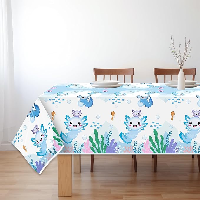 Axolotl Plastic Party Tablecovers - 3 Pack Blue Cartoon Axolotl Table Cover Decorations Disposable Waterproof Rectangle Plastic Tablecloths Rectangle Kids Birthday Baby Shower Camping Events