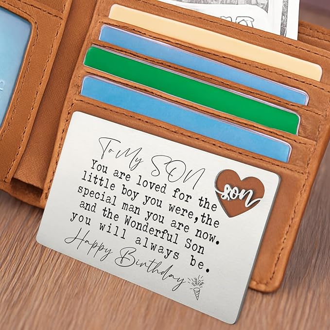 YODOCAMP To My Son Happy Birthday Wallet Insert, Stainless Steel Laser-Engraved Postcard with Heart Cutout, Sentimental Birthday Gift for Son from Parents, Inspirational Pocket Keepsake Card QBK05