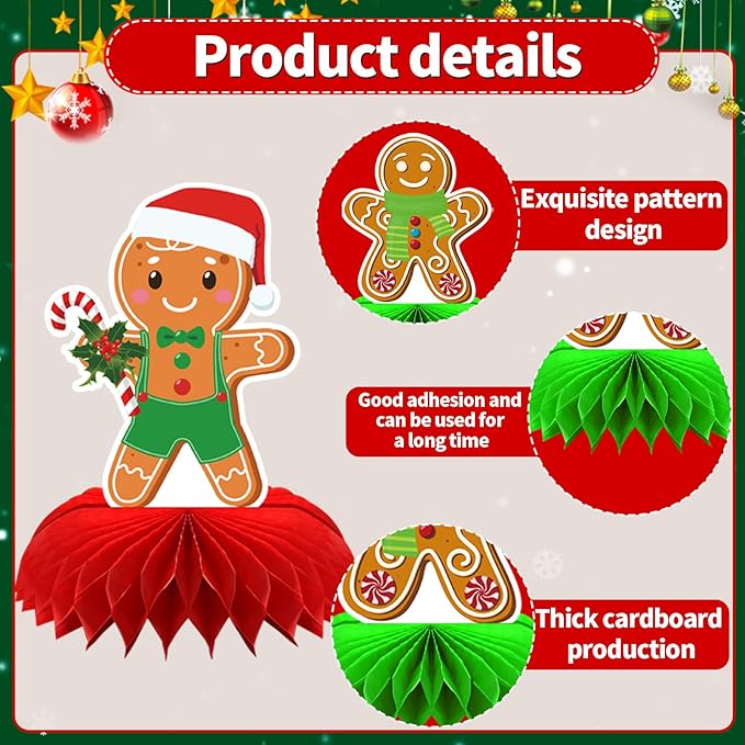 10 Pieces Christmas Honeycomb Centerpiece, Gingerbread Man Snowman Santa Honeycomb Centerpieces Christmas Party Birthday Home Table Toppers Double Sided Decorations