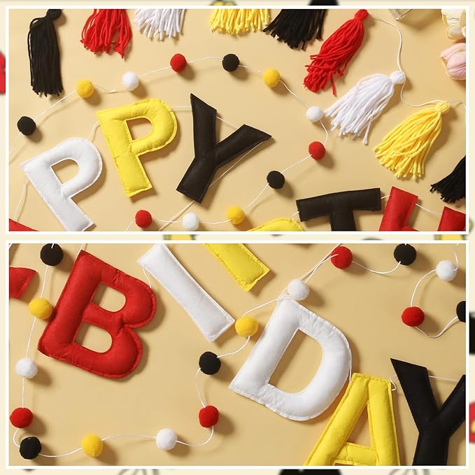 Pre-Strung Happy Birthday Banner Red and Black Party Decorations Felt Ball Garland Sign for Cartoon Mouse Birthday Party Décor