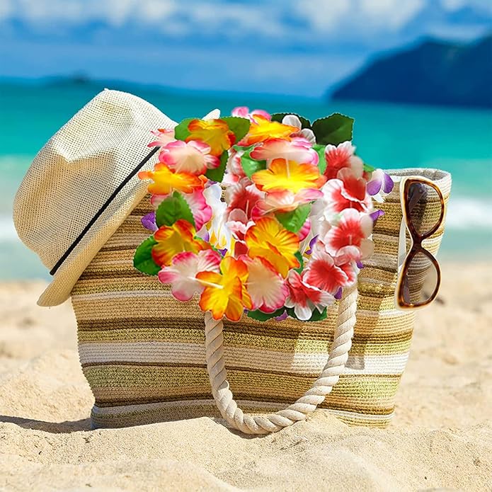 32pcs Hawaiian Leis Party Decorations, Necklace Flowers Bracelets Headband, Tropical Hawaiian Party Night Bar Vacation