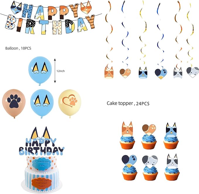 Blue Dog Birthday Decoration Set, Cartoon Happy Birthday Banner, Party Supplies with Banner, Hanging Swirl, Honeycomb