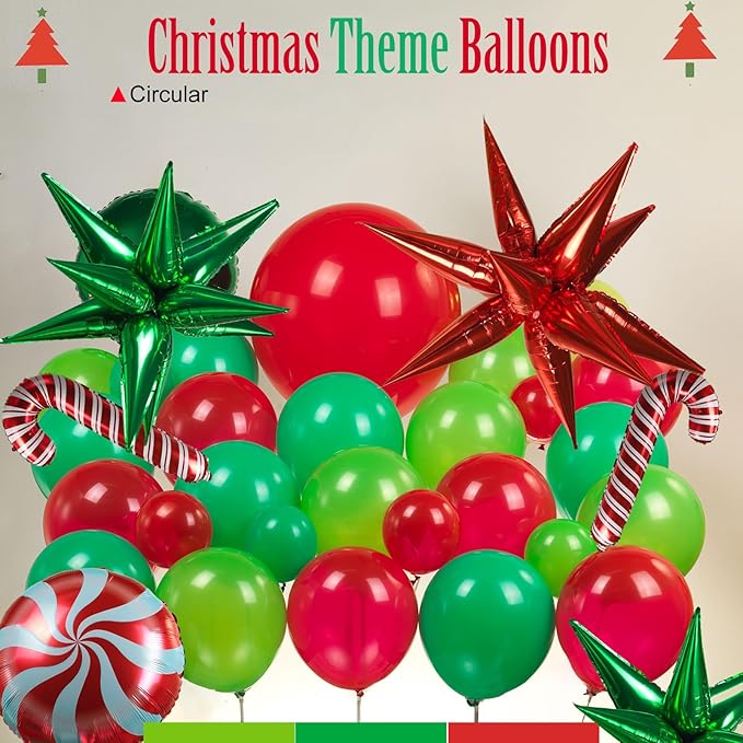 kozee Christmas Balloon Garland Arch Kit140+pcs Xmas Red Green Balloons with candy cane Christmas tree gift box Balloons for Kids Grinchmas Party Naughty Christmas Birthday Decorations