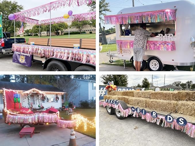 3 Pack Pink Total 30 Feet Foil Fringe Garland Metallic Tinsel Banner Wall Hanging Drapes Parade Float Skirting Decorations for Trailer Mardi Gras Party Birthday Wedding (Iridescent Pink)