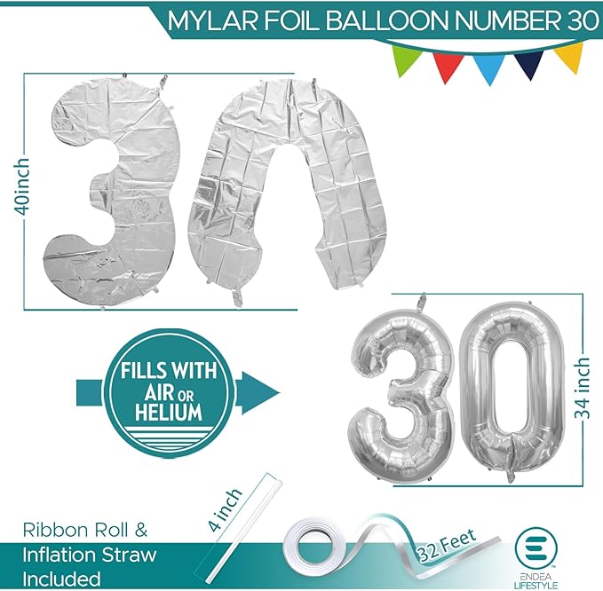 40 Inch Large Number Celebration and Decoration Balloon for Birthday Parties, Graduations, Anniversaries, Weddings, Photo Shoots, Special Events - Helium Foil Mylar (Silver Number 30)