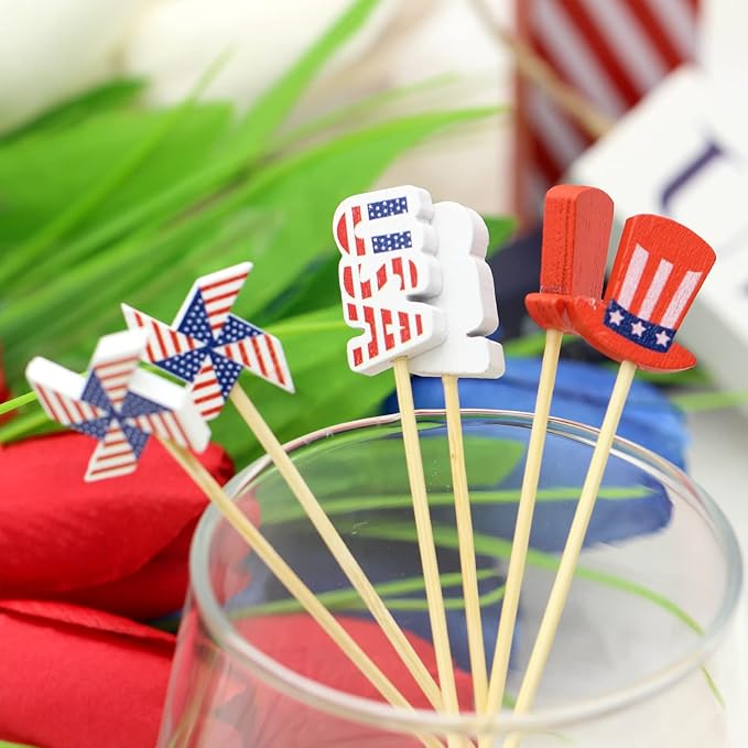 100pcs Patriotic Cocktail Picks Red White Blue 4th of July Decor Toothpicks Stick Skewer for Appetizer Charcuterie Accessories Fourth July Independence Memorial Veterans Election Day Party Decorations