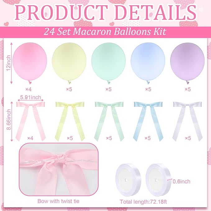 TaoBary 24 Set Easter Pastel Latex Party Balloons, 12inch Macaron Rainbow Latex Balloons and Macaron Ribbon Bows with Twist Tie for Baby Shower Birthday Party Bridal Shower Wedding Decor