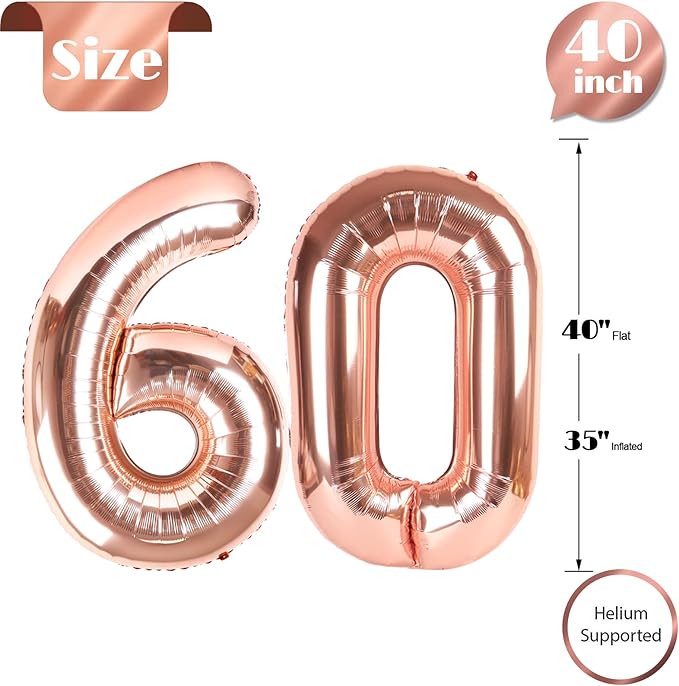 60 Balloon Number, Rose Gold Number 60th Birthday Balloons 40 Inch, 60 Years Old Rose Gold Birthday Decorations for Men Women, 60th Anniversary Decorations