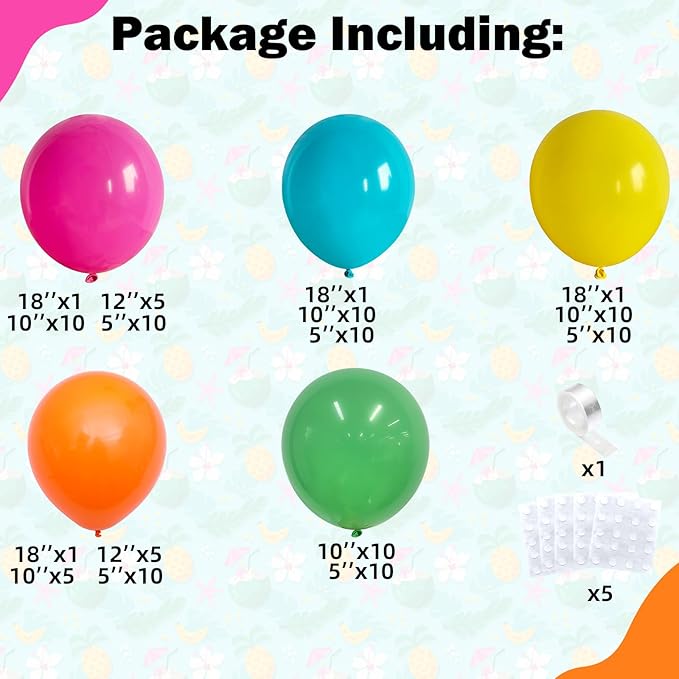 Summer Tropical Balloon Arch Garland Kit, Rainbow Colorful Pink Green Blue Yellow Orange Balloon Garland Kit with Hawaii Balloons for Hawaiian Luau Aloha Birthday Baby Shower Pool Party Decorations