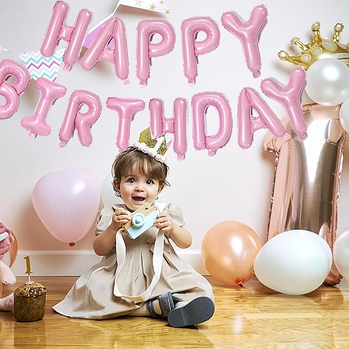 KALOR Pink Happy Birthday Balloons Banner, 16 Inch Mylar Foil Letters Balloon Sign for Birthday Party Decorations Photo Booth Backdrop