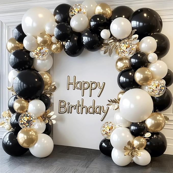 Black Gold White Balloons Arch Kit - 129 pcs Double Stuffed Pearl Sand White Black Chrome Gold with Confetti Balloon Garland for Birthday Graduation Father's Day New Year's Party Decoration