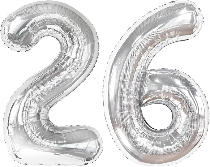 40 Inch Silver Mylar Foil Number 26 Birthday Balloon, Digital Balloons for 26 Boy Girl Party Decorations Supplies, Big Helium Balloon Numbers for 26 Men Women Anniversary