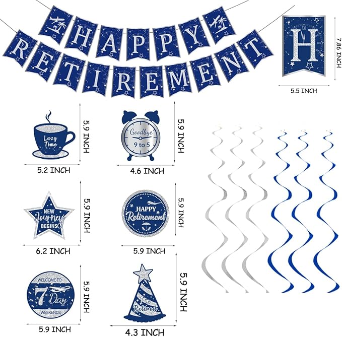 Happy Retirement Party Decorations Men Women, Blue Silver Retirement Party Decorations, Happy Banner, Backdrop, Hanging Swirls, Honeycomb Centerpiece