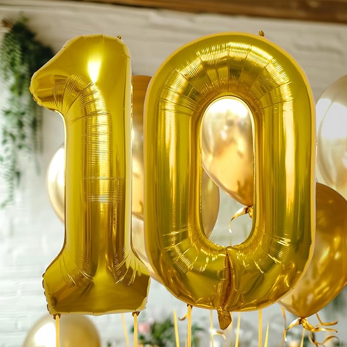 40 Inch Large Gold Number Celebration and Decoration Balloon for Birthday Parties, Graduations, Anniversaries, Weddings, Photo Shoots, Special Events - Helium Foil Mylar (Gold Number 10)