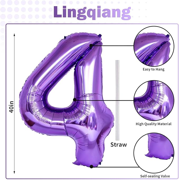 Purple Number 40 Birthday Balloons, 40 Inch Large Purple Mylar Foil Number 4 and 0 Balloons for Women, 40th Birthday Balloons for 40 Year Old Birthday Anniversary Party Decorations Supplies