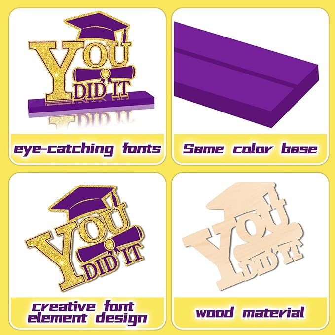 4Pcs Graduation Decorations Class of 2026 Wood Table Centerpieces Congrats Grad Wooden Sign Graduation Table Toppers Congratulate Tiered Tray Decor for 2026 Graduation Party (Purple-Gold)