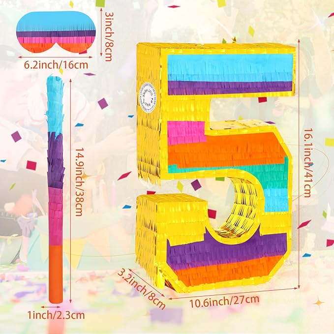 Rainbow Number 5 Pinata for 5th Birthday Party Decorations Fiesta Centerpieces Kids Anniversary Celebrations Birthday Party Supplies (16.1 x 10.6 x 3 Inches)