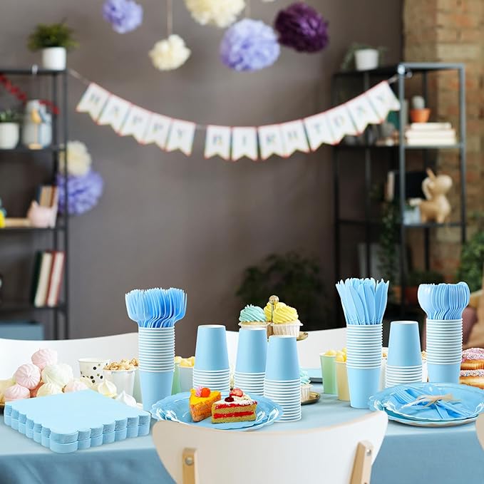 350 Pcs Baby Blue Plates and Napkins, 50 Guest Spring Party Supplies Include Scalloped Paper Plates Napkins Cups Plastic Spoons Forks Knives Disposable Tableware Set for Baby Shower