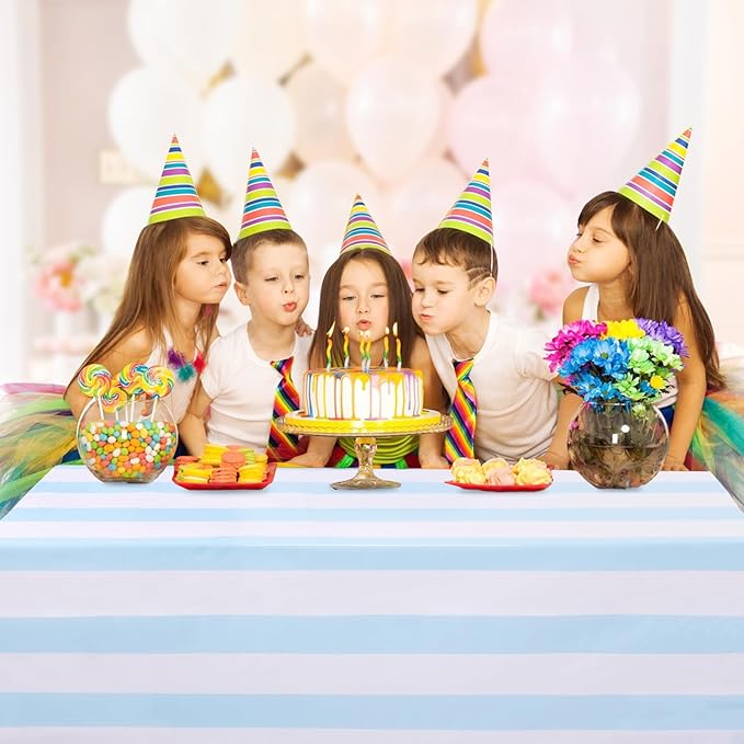 Kesfey 6 Packs Light Blue and White Vertical Striped Table Cloth 54 x 108 Inches Bluey Stripe Table Cover Disposable Plastic Beach Tablecloths Waterproof Rectangle Picnic Tablecover for Birthday Party