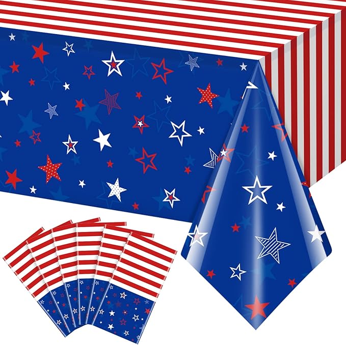 6Pcs Patriotic Tablecloths for 4th of July Decorations,Red White Blue Star Plastic Disposable Table Cover for Fourth of July Memorial Patriotic Day Independence Veterans Day Party Supplies,54x108 Inch