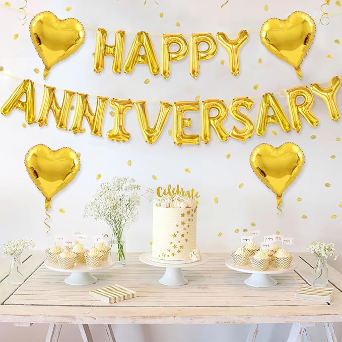 2 Set 16Inch Happy Anniversary Balloons Letters Banner, Happy Anniversary Decorations, Happy Anniversary Balloons Sign for Valentines Day/Wedding Anniversary Party Decorations (Gold Happy Anniversary)